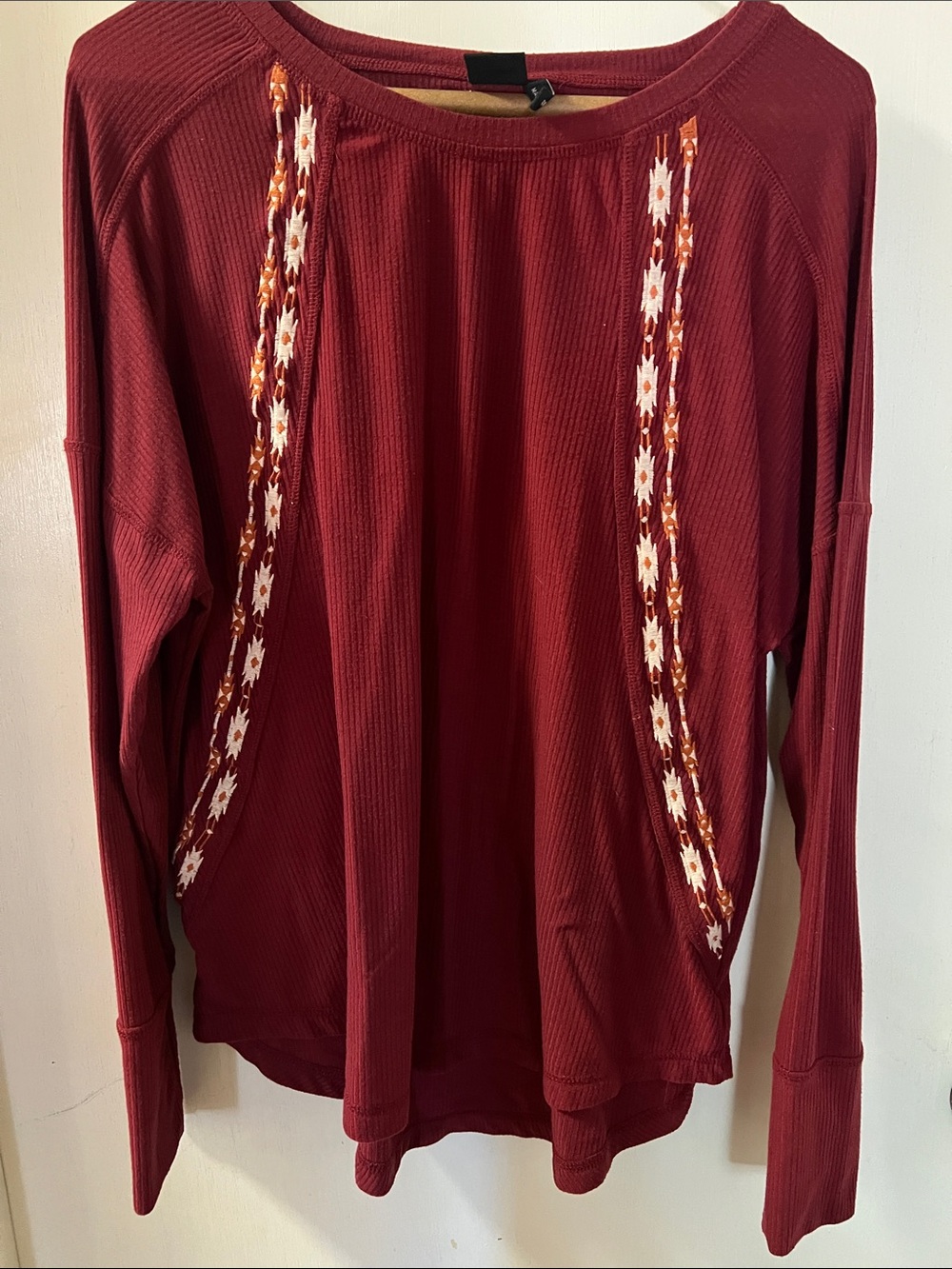 Embroidered Waffle-Knit Long Sleeve Top in Burgundy